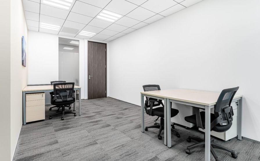 Work your way in a private office for three. Work your way in a private office for three.