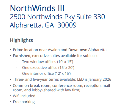 Furnished Class A Executive Office Suites in Prime Alpharetta Location