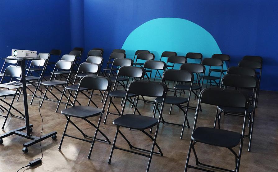 Colorful Meeting Space with Skyline View