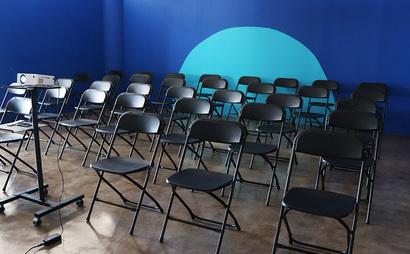 Colorful Meeting Space with Skyline View Colorful Meeting Space with Skyline View