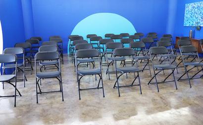 Colorful Meeting Space with Skyline View Colorful Meeting Space with Skyline View