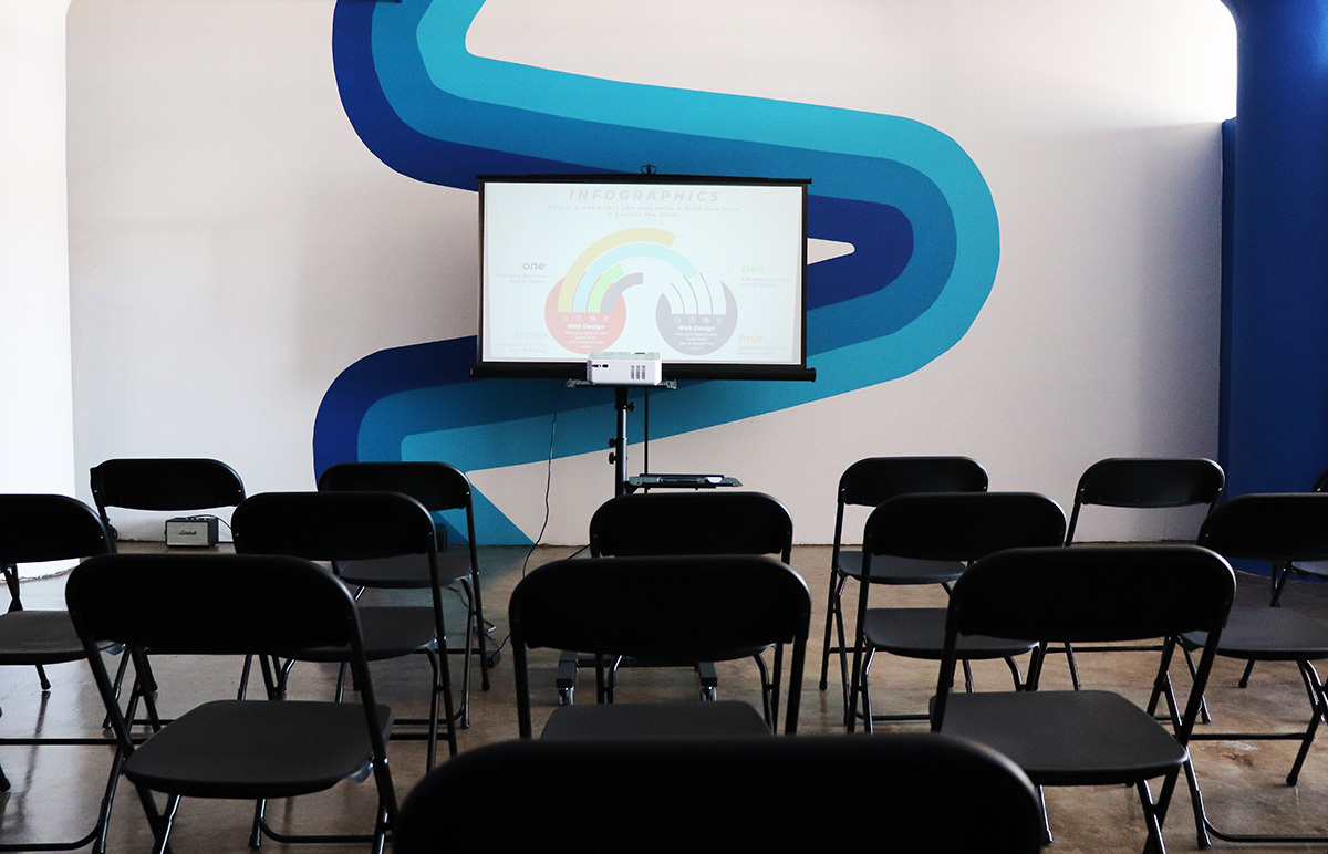 Colorful Meeting Space with Skyline View Colorful Meeting Space with Skyline View
