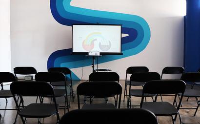 Colorful Meeting Space with Skyline View Colorful Meeting Space with Skyline View