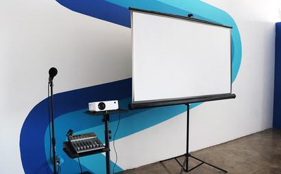 Colorful Meeting Space with Skyline View Colorful Meeting Space with Skyline View