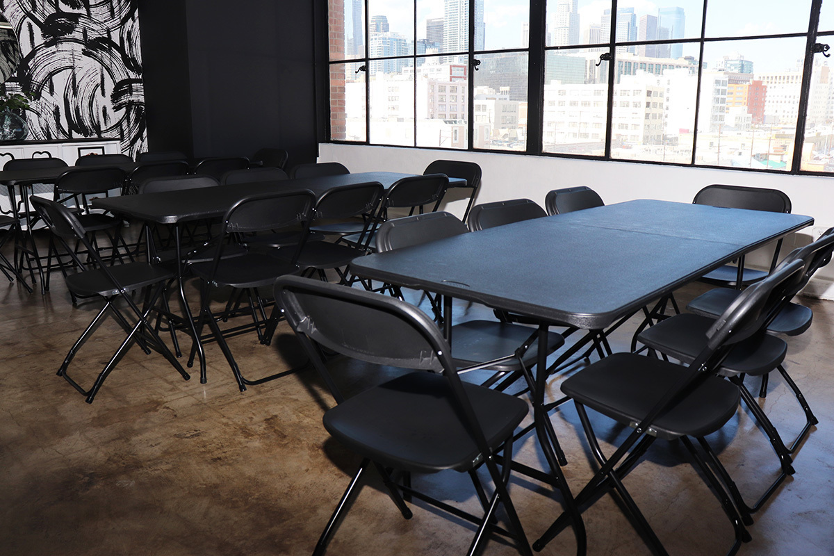Colorful Meeting Space with Skyline View Colorful Meeting Space with Skyline View