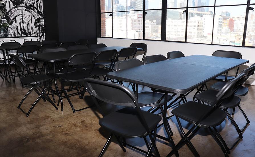 Colorful Meeting Space with Skyline View