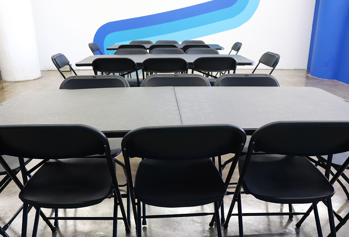 Colorful Meeting Space with Skyline View Colorful Meeting Space with Skyline View
