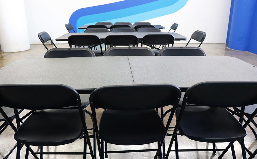 Colorful Meeting Space with Skyline View