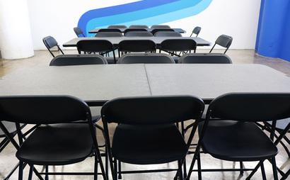 Colorful Meeting Space with Skyline View Colorful Meeting Space with Skyline View