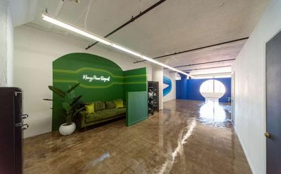 Colorful Meeting Space with Skyline View Colorful Meeting Space with Skyline View