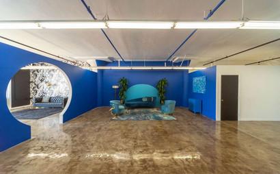 Colorful Meeting Space with Skyline View Colorful Meeting Space with Skyline View