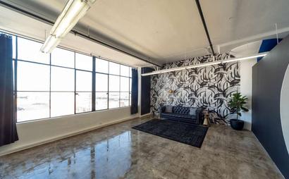 Colorful Meeting Space with Skyline View Colorful Meeting Space with Skyline View