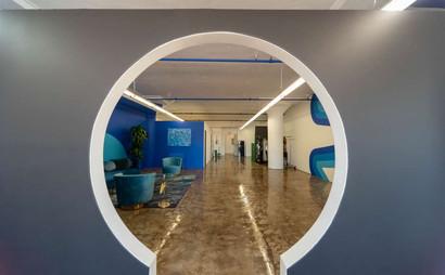 Colorful Meeting Space with Skyline View Colorful Meeting Space with Skyline View