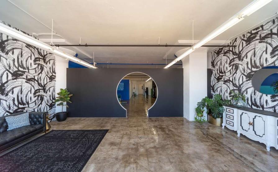 Colorful Meeting Space with Skyline View