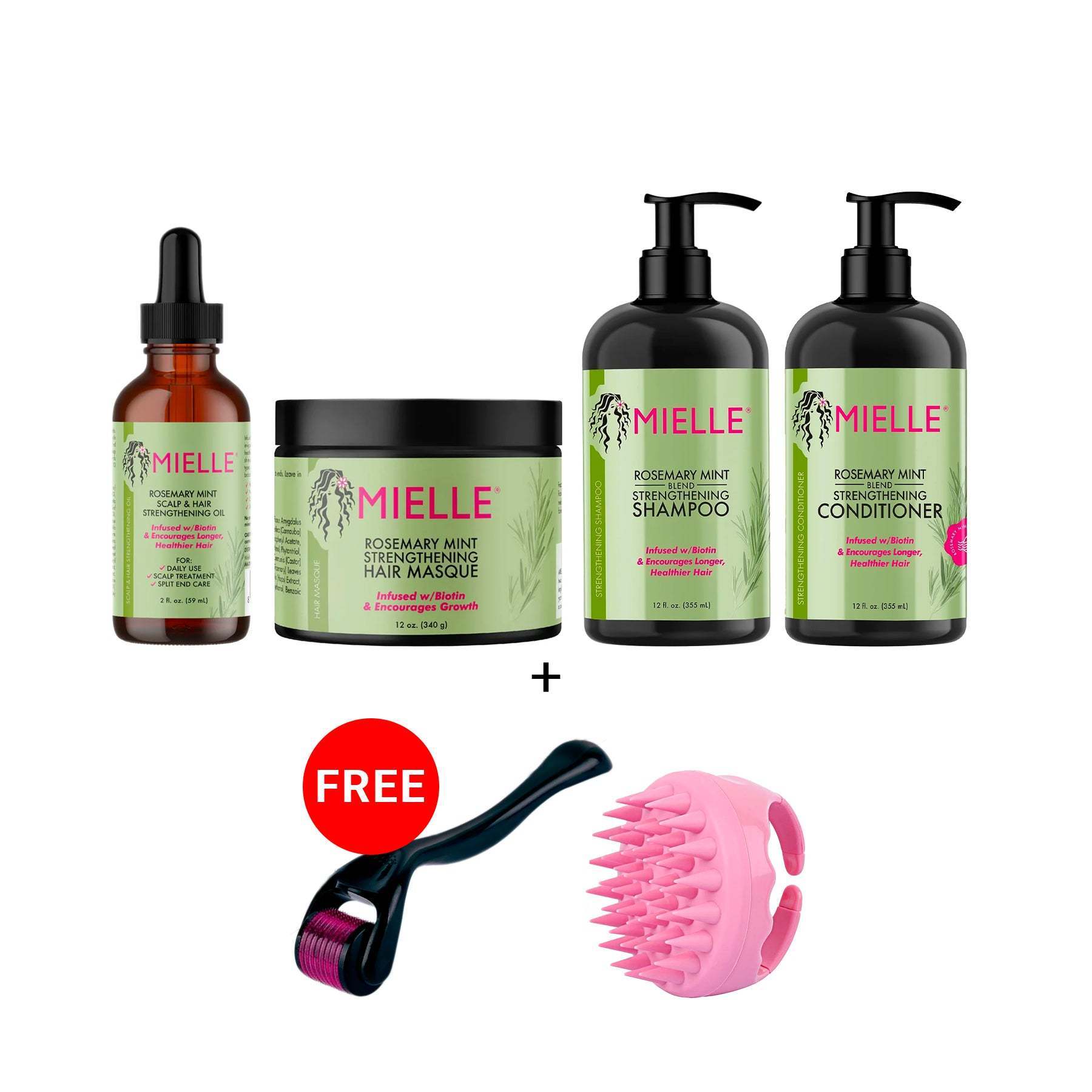 Mielle Rosemary + Mint Hair Strengthening Special Package With 1 Piece Free Derma Roller & Scalp Massager Shampoo Brush