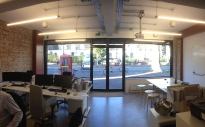 Comfortable desk, chair and cabinet in shared secure studio work space   Comfortable desk, chair and cabinet in shared secure studio work space