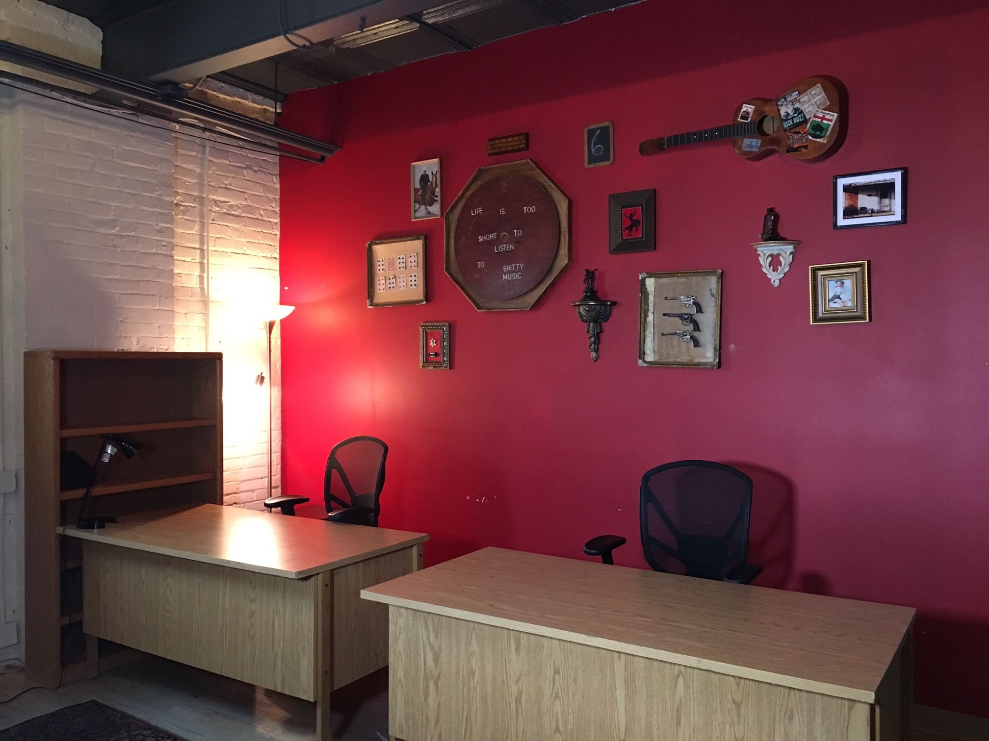 Desks in an open, shared workspace